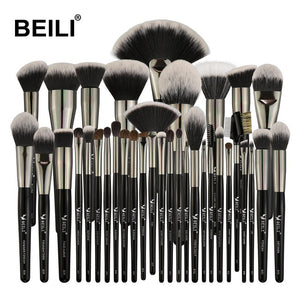 BEILI 40 pieces Luxury black professional makeup brush set Big brushes Powder foundation blending goat hair makeup brushes
