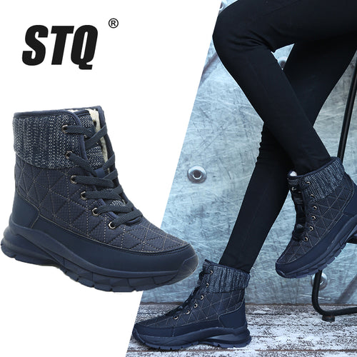STQ Women Plush Ankle Boots Warm Snow Boots Shoes Ladies Winter Sneakers Boots Comfortable Shoes Women Wedges Black Boots 930