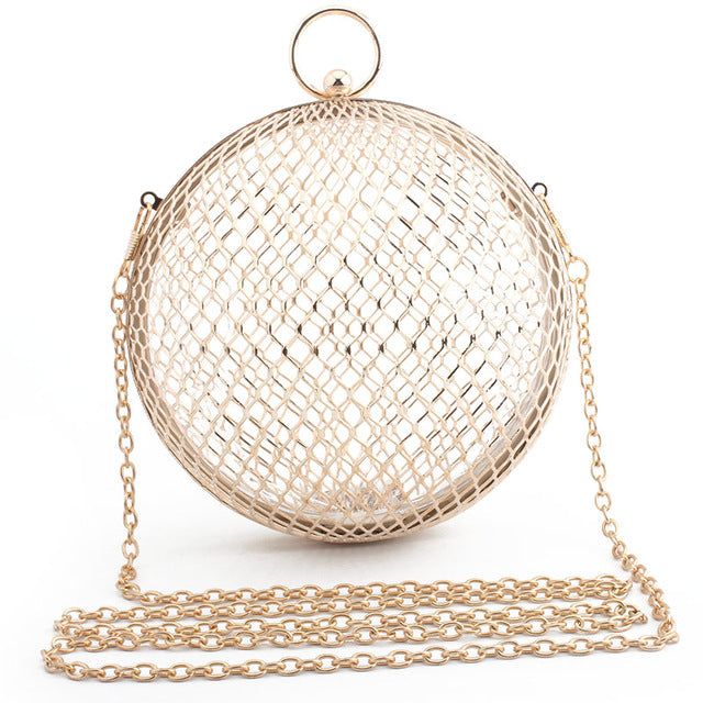 Vintage Women's Evening Bag Metal Chain Hollow Out Mini Bag Banquet Party Shoulder & Crossbody Bags Clutch Circular Cage Handbag