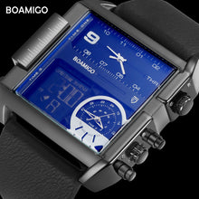 Load image into Gallery viewer, BOAMIGO brand men sports watches 3 time zone big man fashion military LED watch leather quartz wristwatches relogio masculino