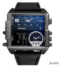 Load image into Gallery viewer, BOAMIGO brand men sports watches 3 time zone big man fashion military LED watch leather quartz wristwatches relogio masculino