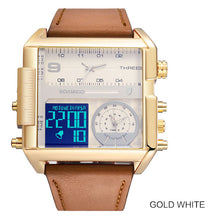 Load image into Gallery viewer, BOAMIGO brand men sports watches 3 time zone big man fashion military LED watch leather quartz wristwatches relogio masculino