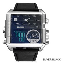 Load image into Gallery viewer, BOAMIGO brand men sports watches 3 time zone big man fashion military LED watch leather quartz wristwatches relogio masculino