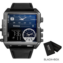 Load image into Gallery viewer, BOAMIGO brand men sports watches 3 time zone big man fashion military LED watch leather quartz wristwatches relogio masculino