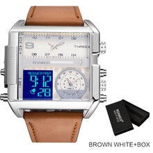 Load image into Gallery viewer, BOAMIGO brand men sports watches 3 time zone big man fashion military LED watch leather quartz wristwatches relogio masculino