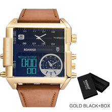 Load image into Gallery viewer, BOAMIGO brand men sports watches 3 time zone big man fashion military LED watch leather quartz wristwatches relogio masculino