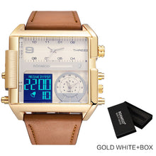 Load image into Gallery viewer, BOAMIGO brand men sports watches 3 time zone big man fashion military LED watch leather quartz wristwatches relogio masculino